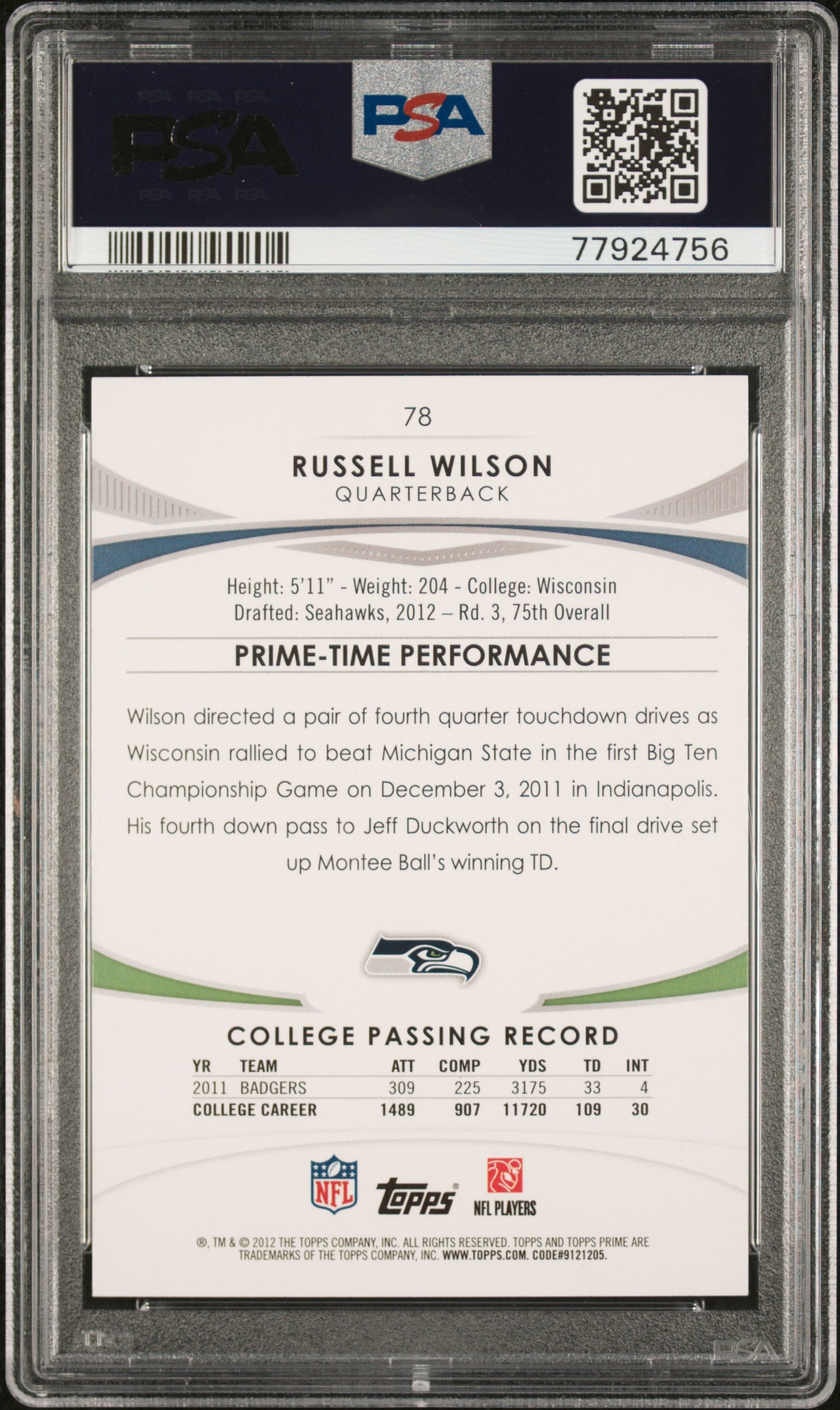 2012 Topps Prime Russell Wilson #78 PSA 10