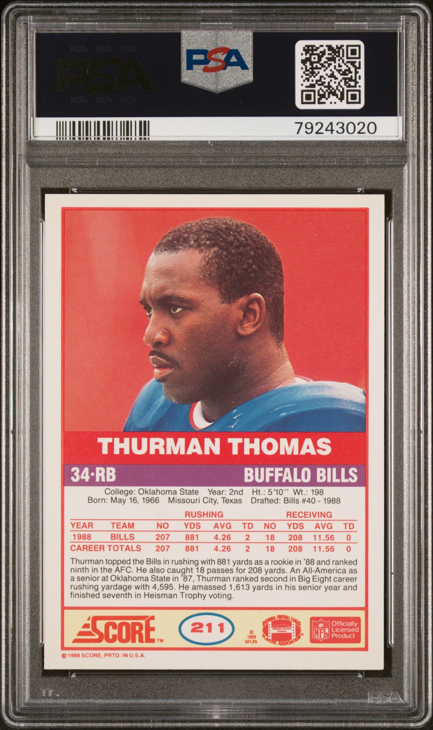 1989 Score Thurman Thomas #211 PSA 9