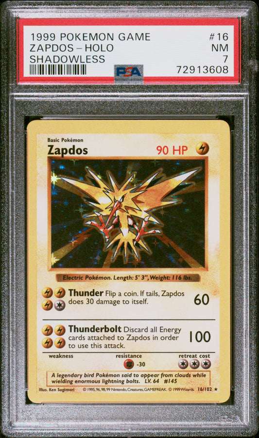1999 Pokemon Base Set Zapdos Holo Shadowless 16/102 Psa 7