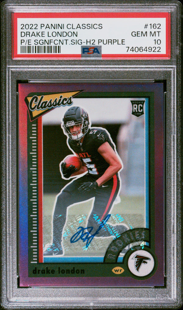 2022 Panini Classics Drake London 162 P E Sgnfcnt. SIG H2 Purple PSA